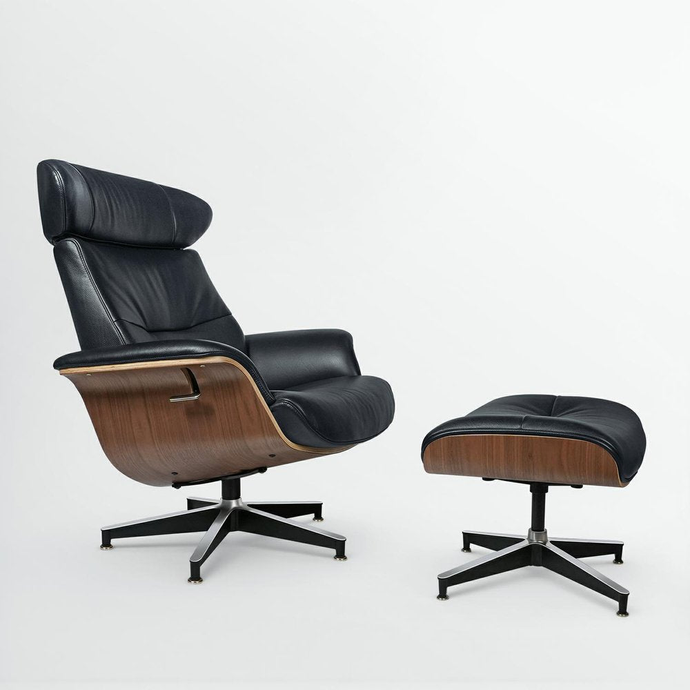 33" Black and Walnut Leather And Wood Swivel Lounge Chair With Ottoman