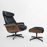 33" Black and Walnut Leather And Wood Swivel Lounge Chair With Ottoman