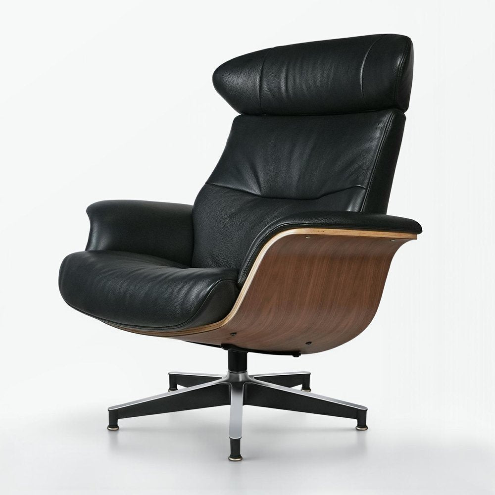 33" Black and Walnut Leather And Wood Swivel Lounge Chair With Ottoman