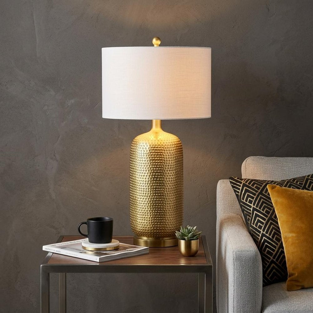 30" Gold Round Table Lamp With Drum Shade
