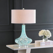 29" Light Blue And Clear Teardrop Glass Table Lamp With Drum Shade