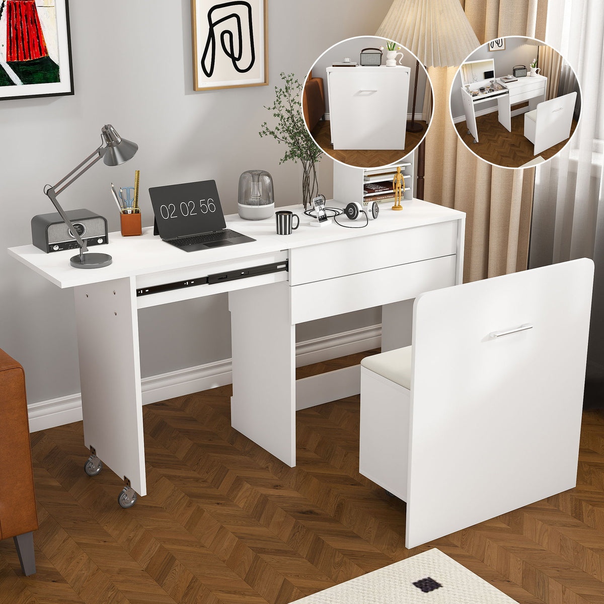 Folding Desk With Mirror And Storage Stol For Bedroom