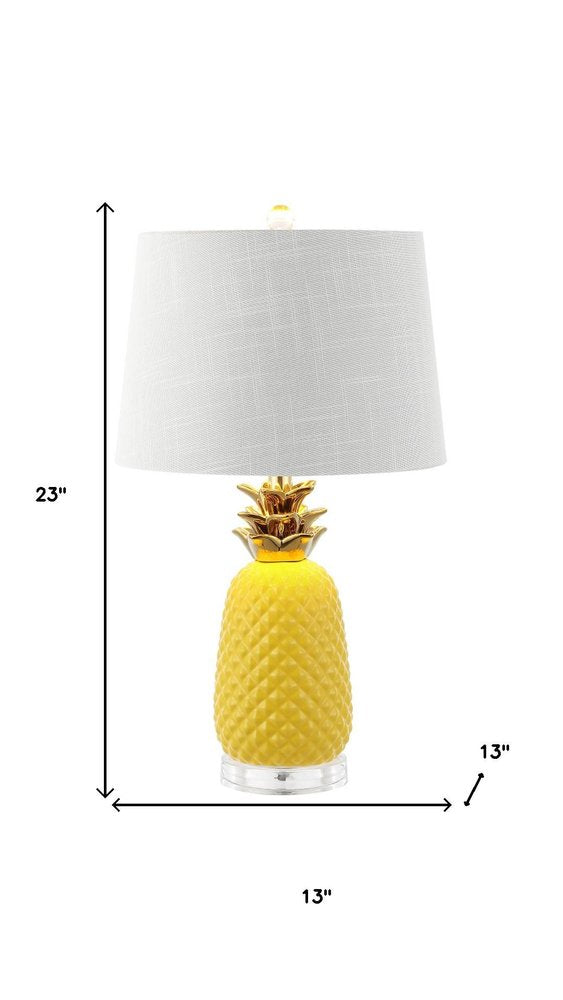23" Yellow Gold And Clear Ceramic And Acrylic Pineapple Table Lamp With Globe Shade