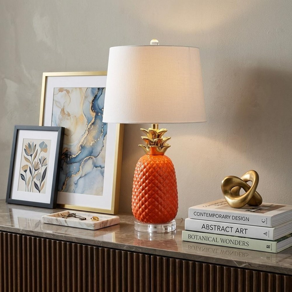 23" Orange Gold And Clear Ceramic And Acrylic Pineapple Table Lamp With Drum Shade