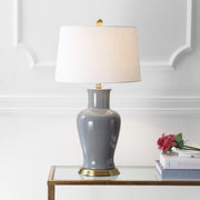 29" Gray And Gold Urn Bedside Lamp With Drum Shade