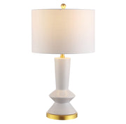 27" White And Gold Geometric Table Lamp With Drum Shade