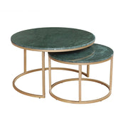 Set Of Two Green and Gold Genuine Marble and Iron Round Frame Nested Coffee Tables