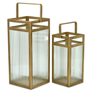 Set of Two Gold Metal Floor Lantern Candle Holders