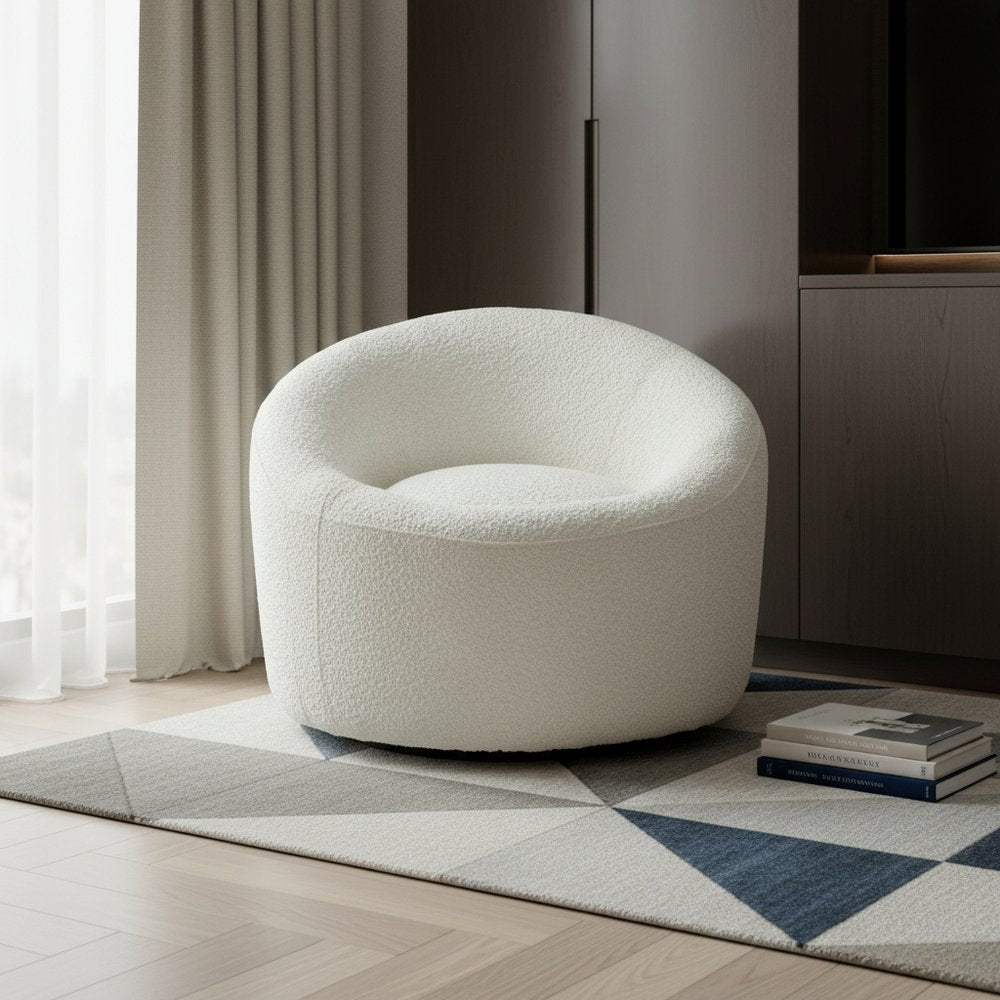 33" White Boucle Swivel Lounge Chair