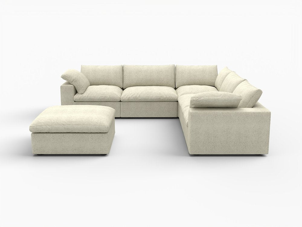 Khaki Linen Blend Modular L Shaped Six Piece Sofa and Chaise Sectional With Ottoman
