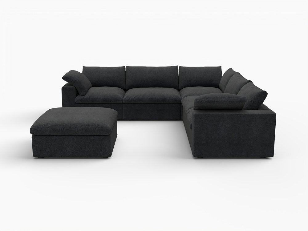 Black Linen Blend Modular L Shaped Six Piece Corner Sectional With Ottoman