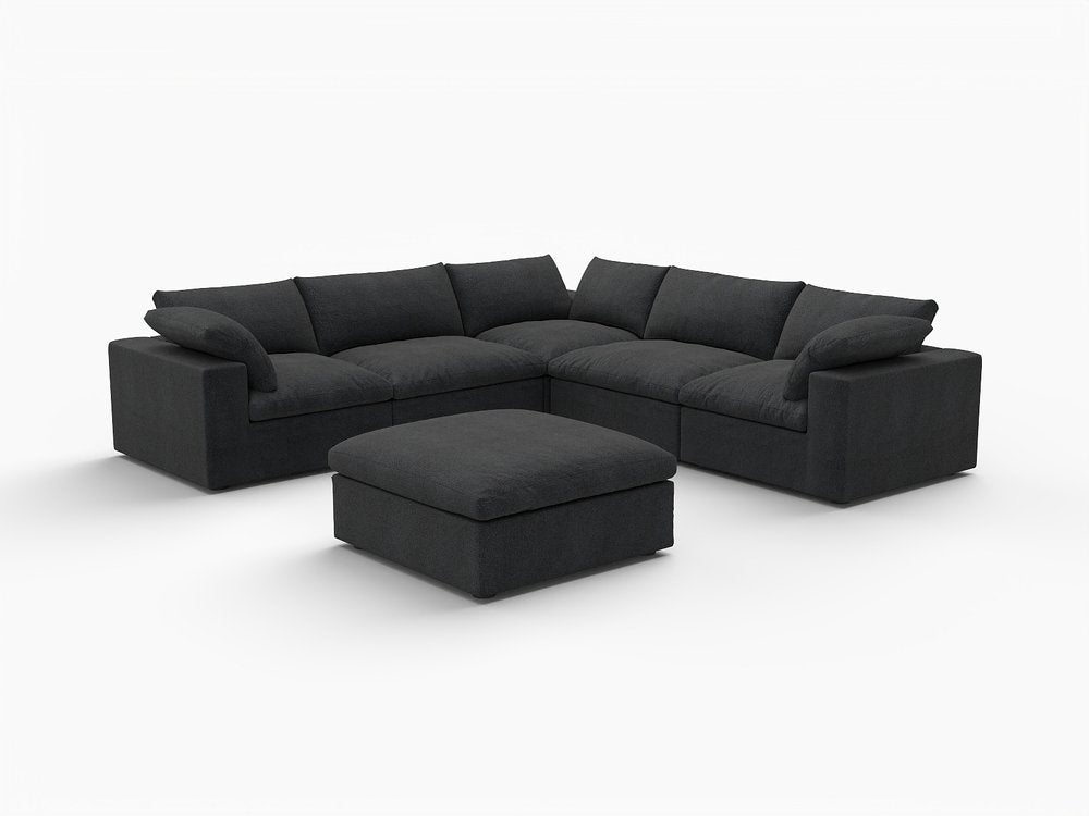 Black Linen Blend Modular L Shaped Six Piece Corner Sectional With Ottoman