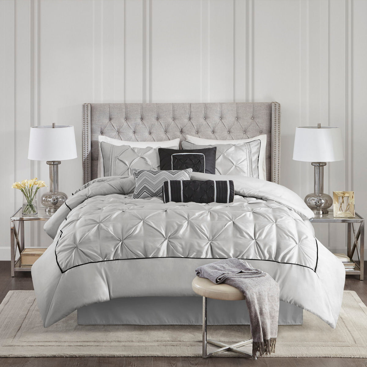 Laurel - Full Pieced Pleated 7 Piece Tufted Comforter Set - Gray