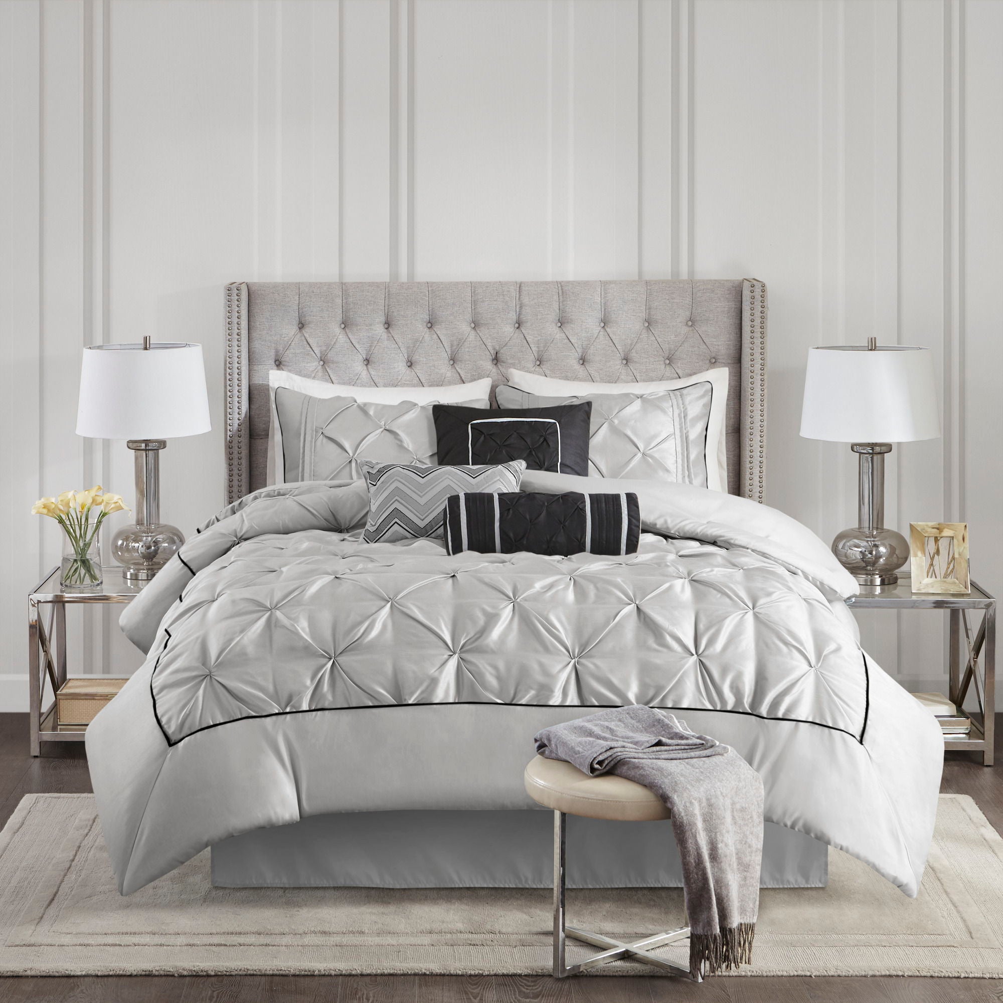Laurel - King Pieced Pleated 7 Piece Tufted Comforter Set - Gray