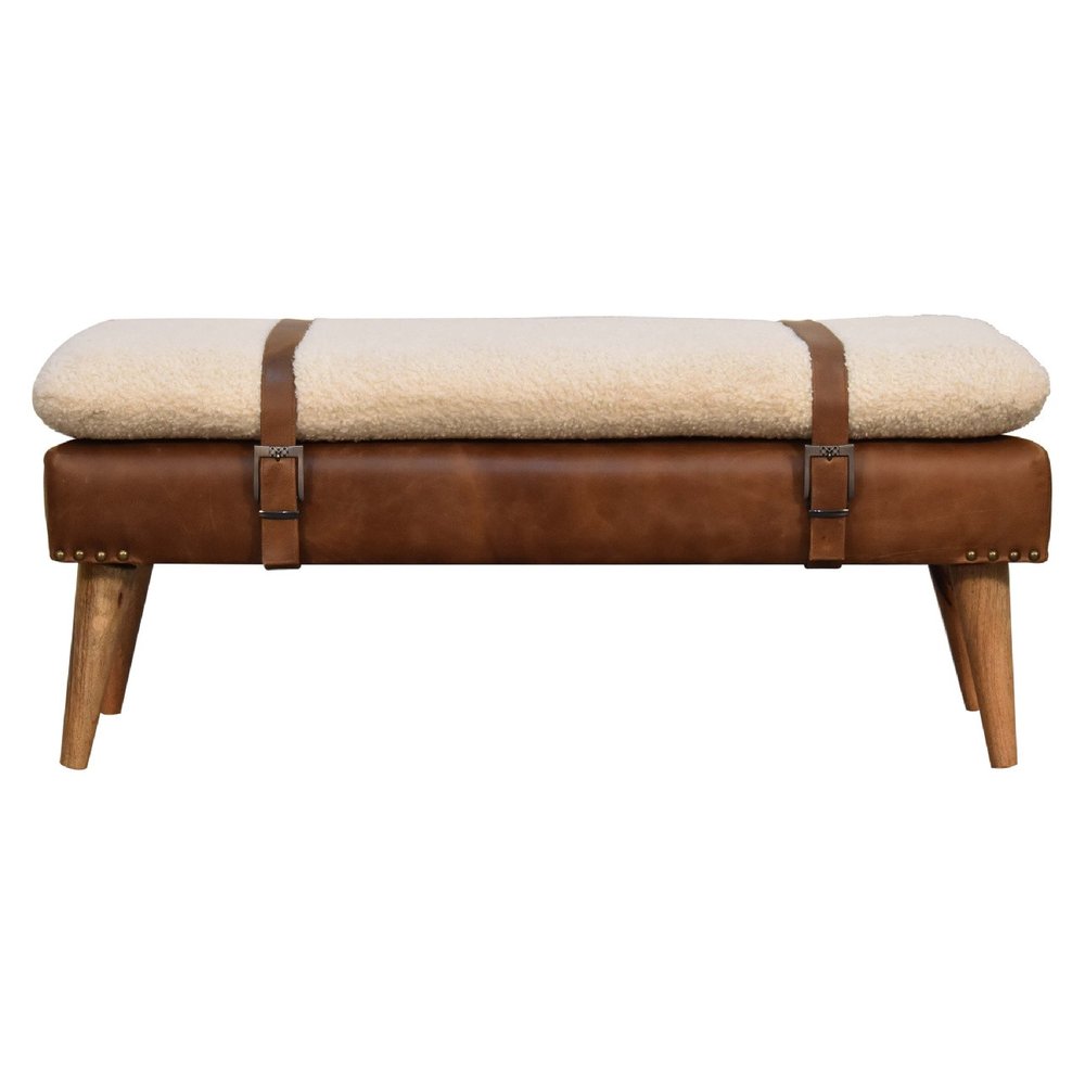 35" Brown Boucle And Genuine Leather and Solid Wood Upholstered Bench