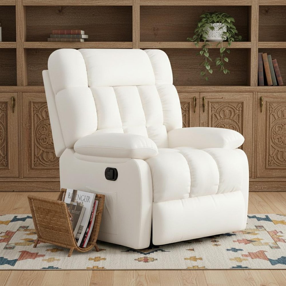 39" White Faux Leather Manual Recliner