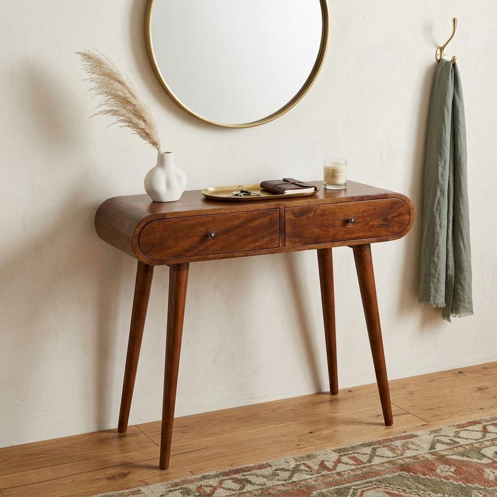 35" Chestnut Solid Wood Console Table With Two Drawers