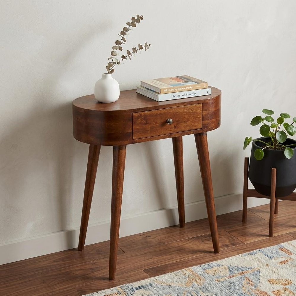 24" Chestnut Solid Wood Oval Console Table With Drawer