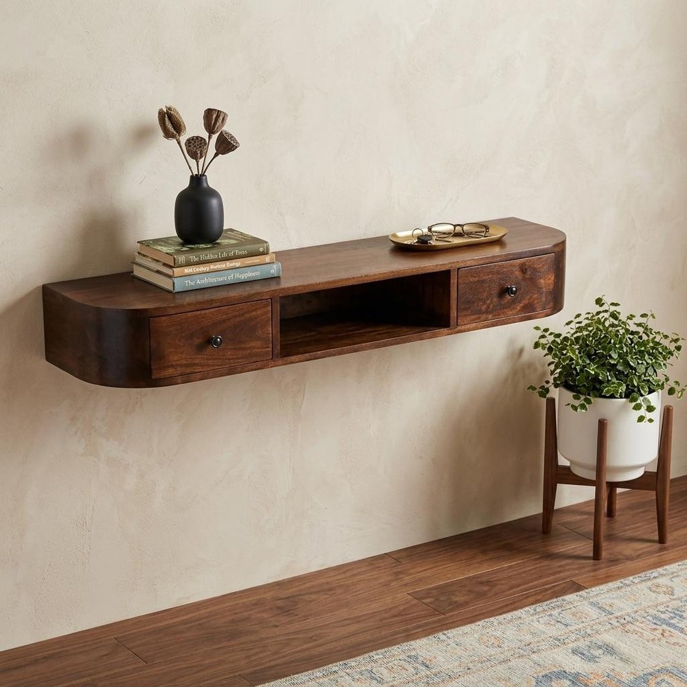 43" Chestnut Solid Wood Floating Console Table With Shelf And Two Drawers
