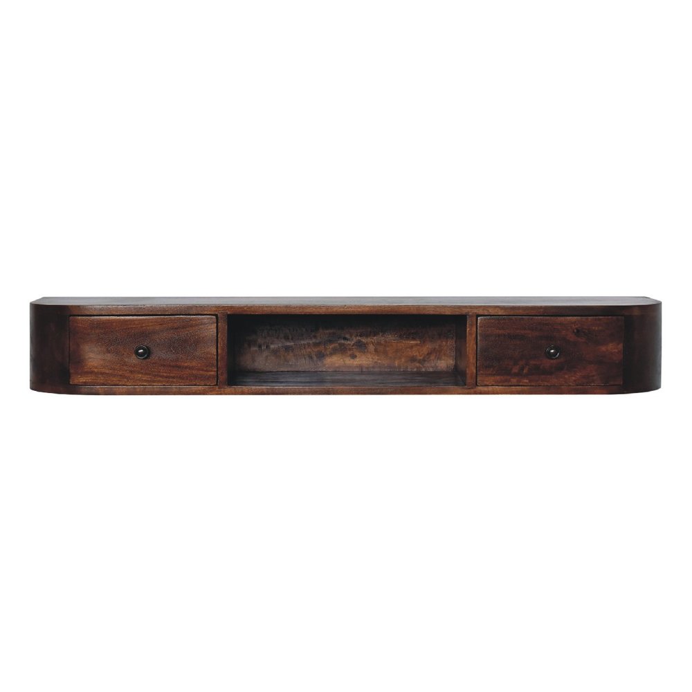 43" Chestnut Solid Wood Floating Console Table With Shelf And Two Drawers
