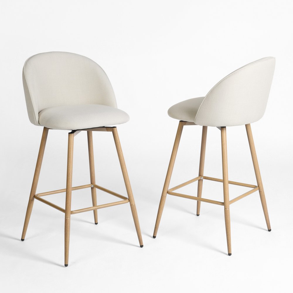 Set of Two 27" Beige and Oak Fabric and Metal Counter Height Swivel Bar Chairs