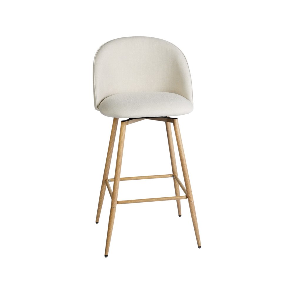 Set of Two 27" Beige and Oak Fabric and Metal Counter Height Swivel Bar Chairs