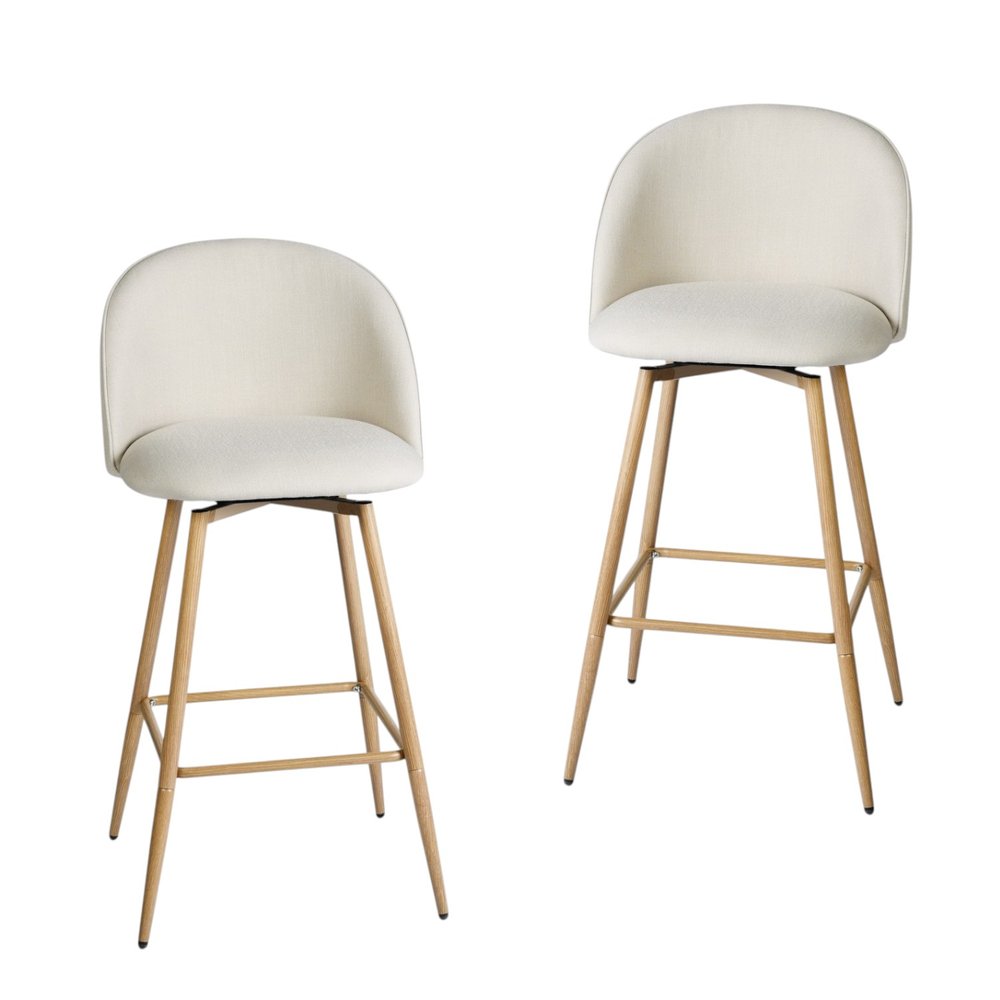Set of Two 27" Beige and Oak Fabric and Metal Counter Height Swivel Bar Chairs