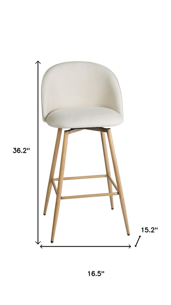 Set of Two 27" Beige and Oak Fabric and Metal Counter Height Swivel Bar Chairs