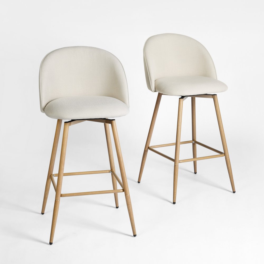 Set of Two 27" Beige and Oak Fabric and Metal Counter Height Swivel Bar Chairs