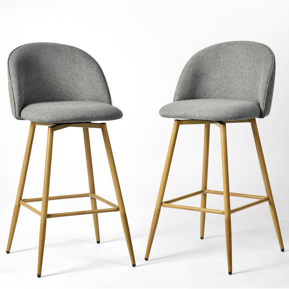Set of Two 27" Gray and Oak Fabric and Metal Low Back Counter Height Swivel Bar Chairs