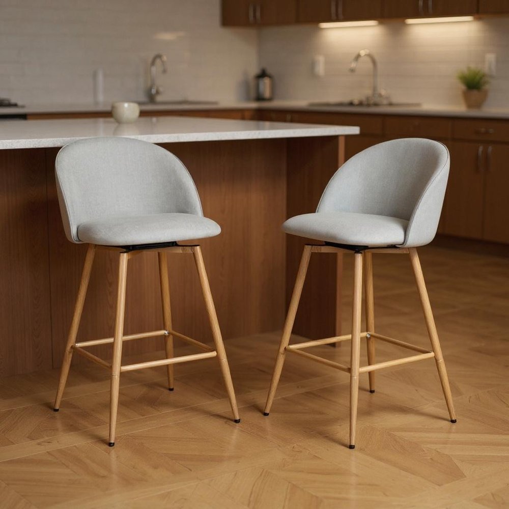 Set of Two 27" Gray and Oak Fabric and Metal Low Back Counter Height Swivel Bar Chairs