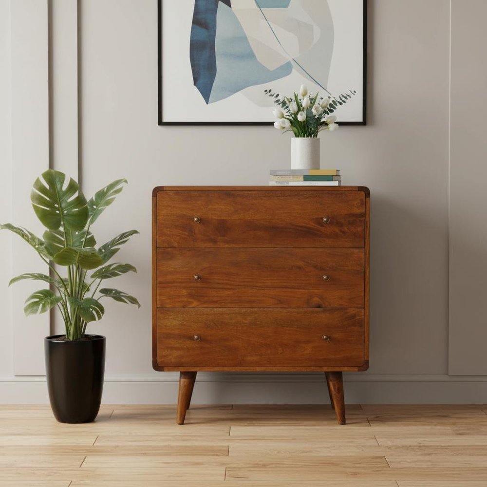 28" Brown Solid Wood Three Drawer Sideboard