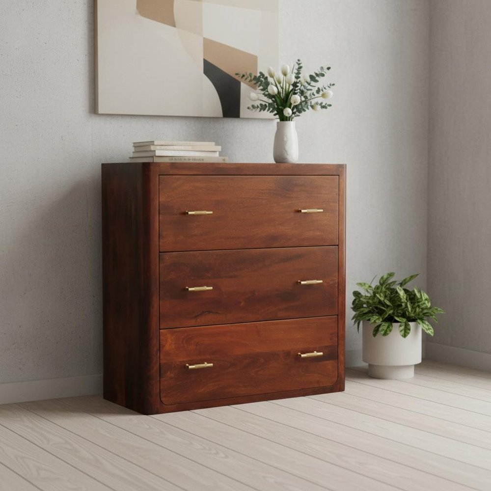 32" Brown Solid Wood Three Drawer Sideboard