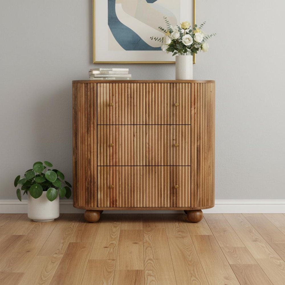 35" Brown Solid Wood Three Drawer Sideboard