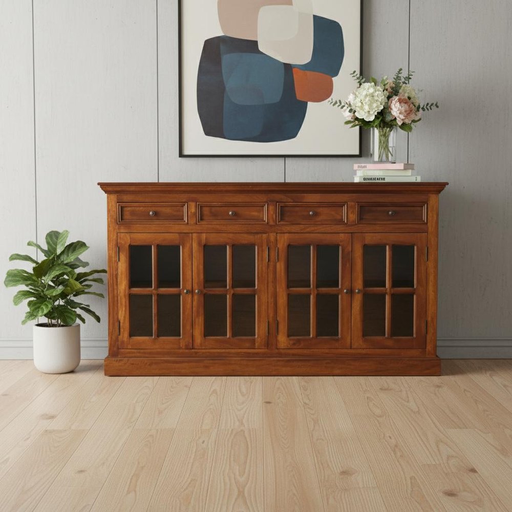 65" Brown Solid Wood Four Drawer Sideboard