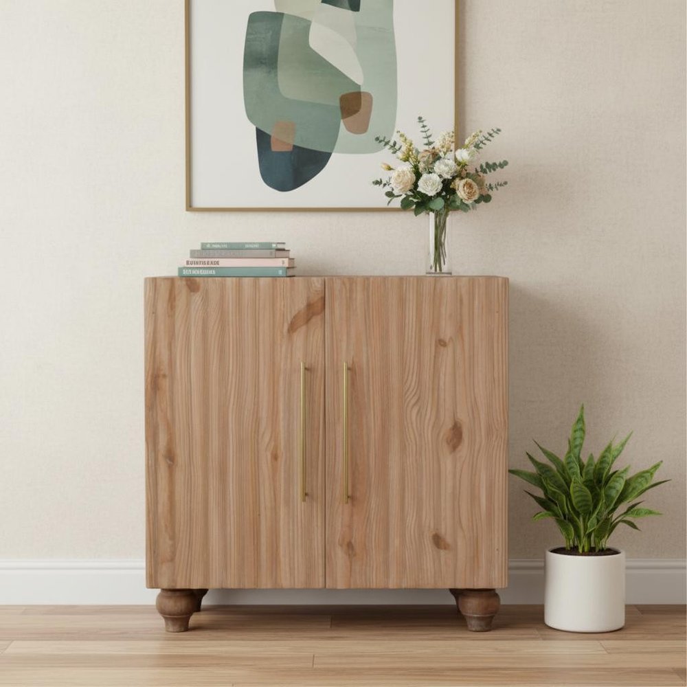 32" Brown Solid Wood Two Drawer Sideboard