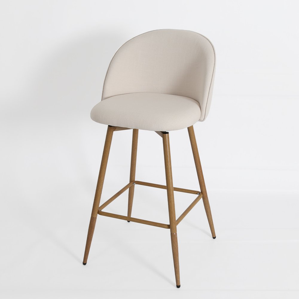 27" Beige and Oak Fabric and Metal Low Back Counter Height Swivel Bar Chair