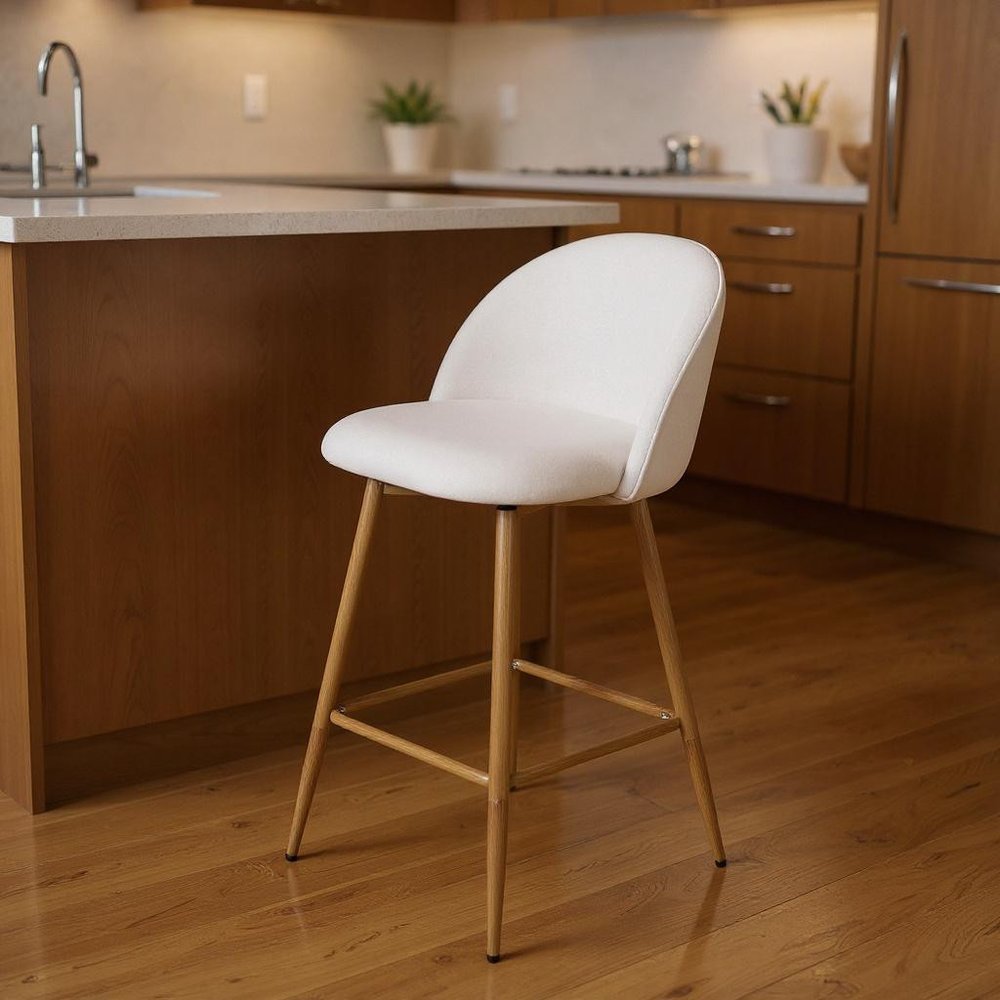 27" Beige and Oak Fabric and Metal Low Back Counter Height Swivel Bar Chair
