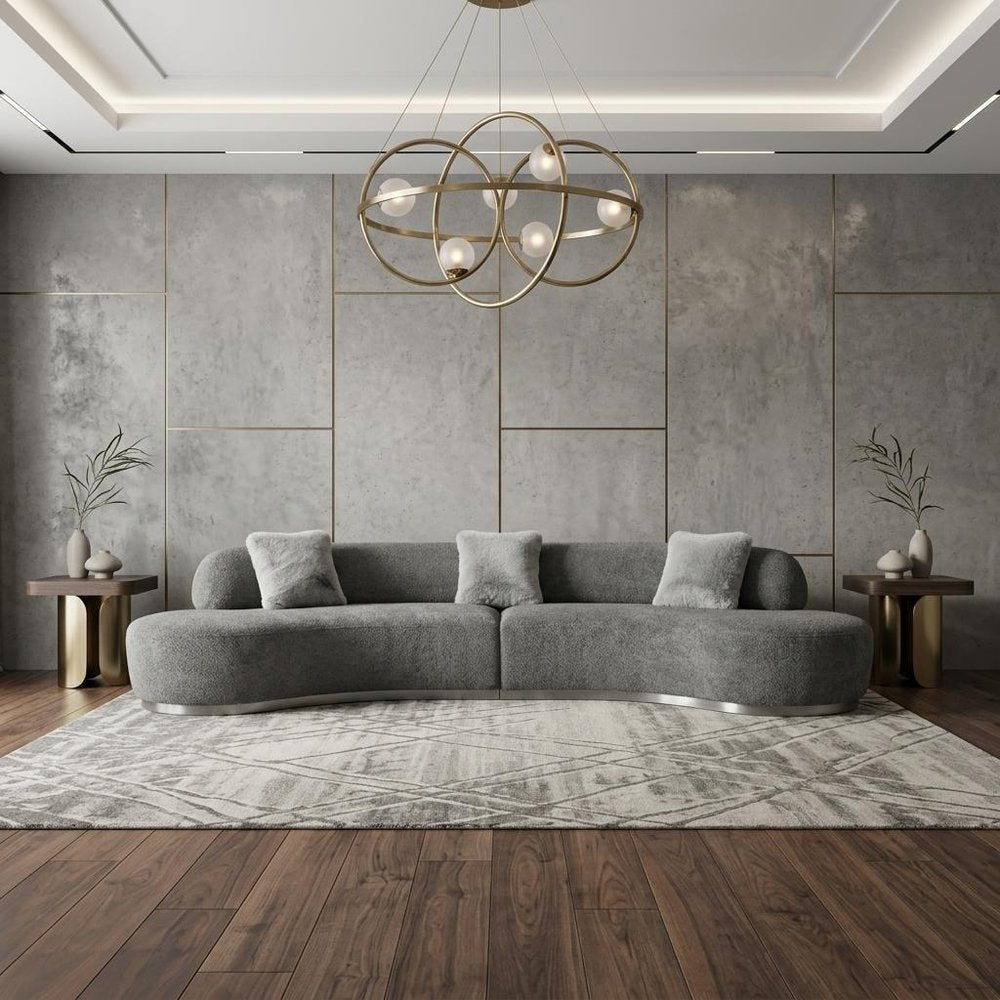150" Dark Gray Boucle Curved Sofa With Toss Pillows