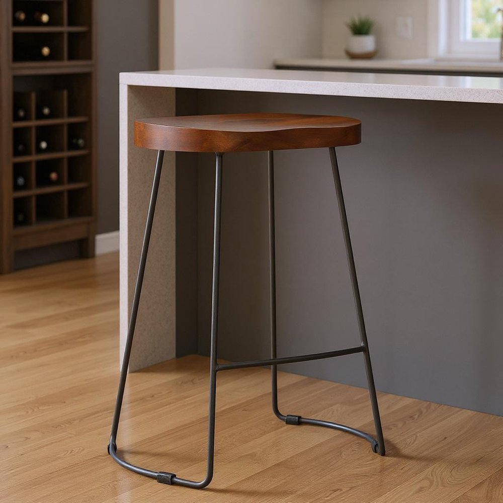 30" Brown and Black Solid Wood and Iron Bar Height Bar Chair