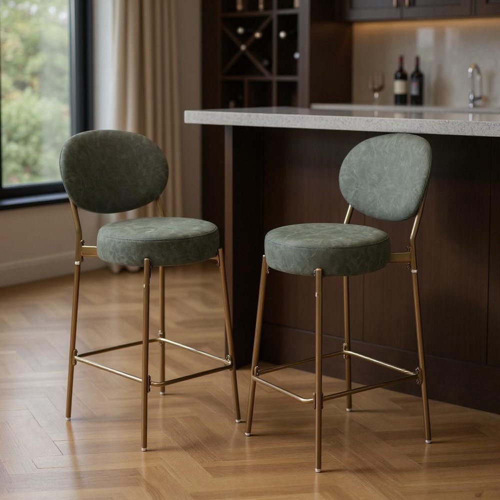 Set of Two 29" Green and Gold Faux Leather and Metal Low Back Bar Height Bar Chairs