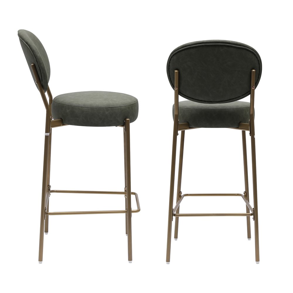 Set of Two 29" Green and Gold Faux Leather and Metal Low Back Bar Height Bar Chairs