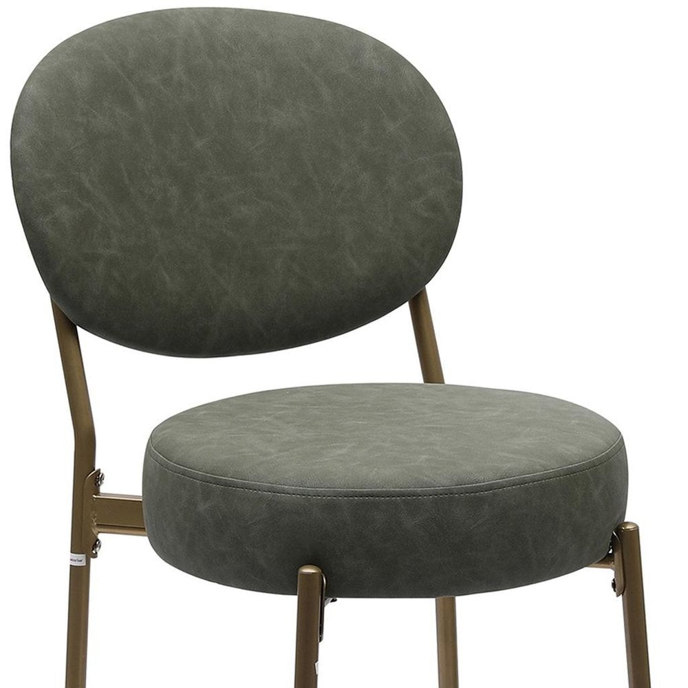 Set of Two 29" Green and Gold Faux Leather and Metal Low Back Bar Height Bar Chairs