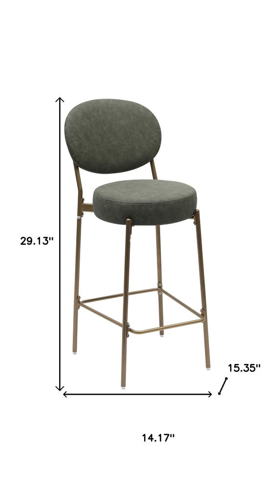 Set of Two 29" Green and Gold Faux Leather and Metal Low Back Bar Height Bar Chairs