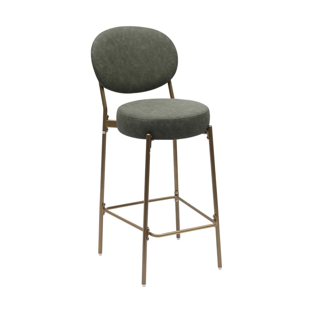 Set of Two 29" Green and Gold Faux Leather and Metal Low Back Bar Height Bar Chairs