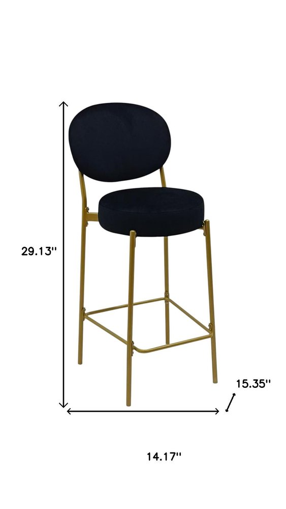 Set of Two 29" Black and Gold Velvet and Metal Low Back Bar Height Bar Chairs