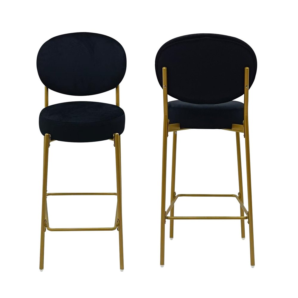Set of Two 29" Black and Gold Velvet and Metal Low Back Bar Height Bar Chairs