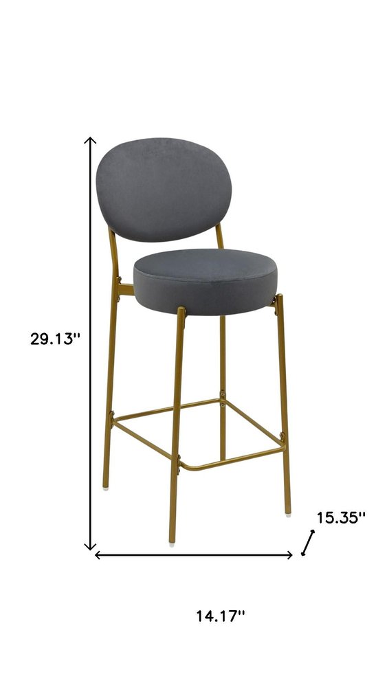 Set of Two 29" Gray and Gold Velvet and Metal Low Back Bar Height Bar Chairs