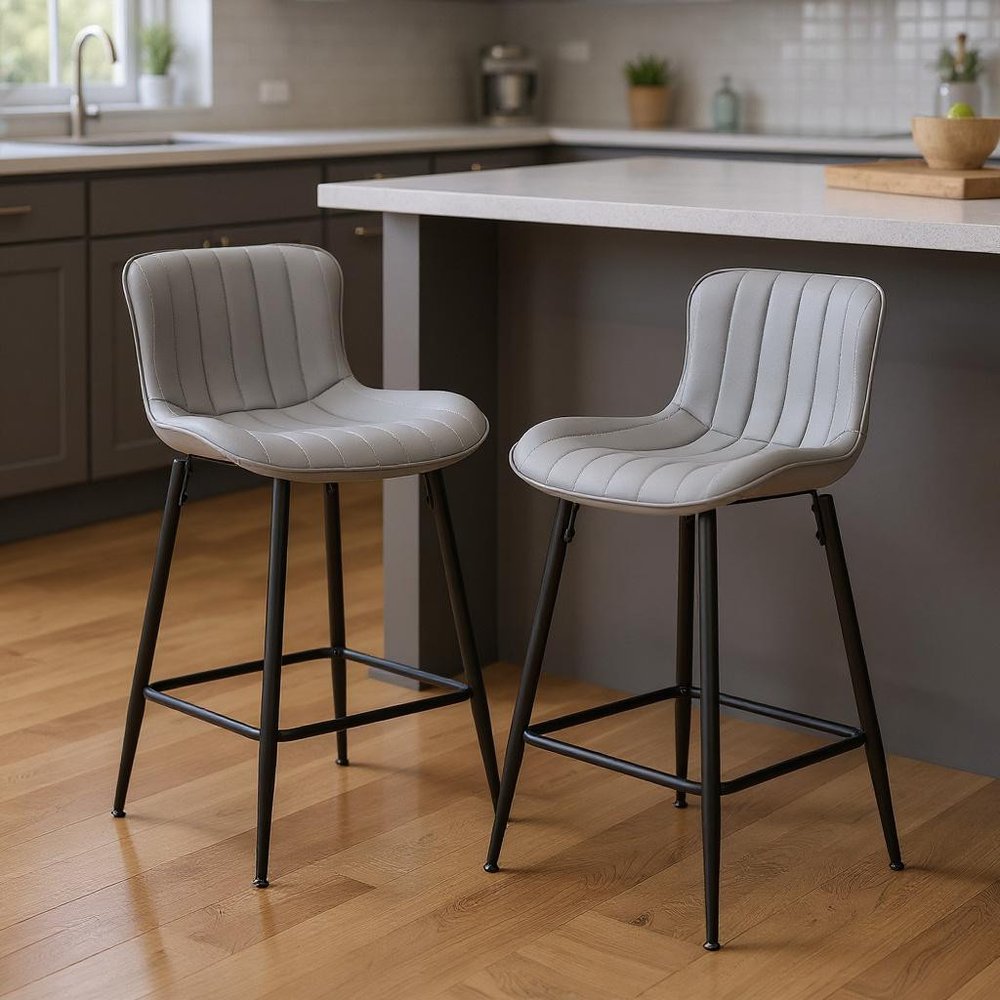 Set of Two 27" Gray and Black Faux Leather and Metal Low Back Counter Height Bar Chairs