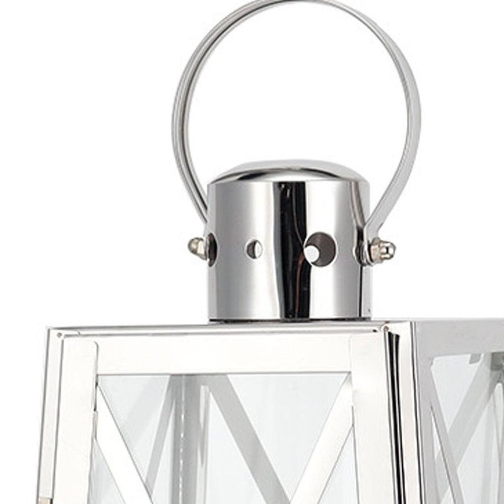 12" Clear And Silver Glass And Stainless Steel Tabletop Lantern Candle Holder